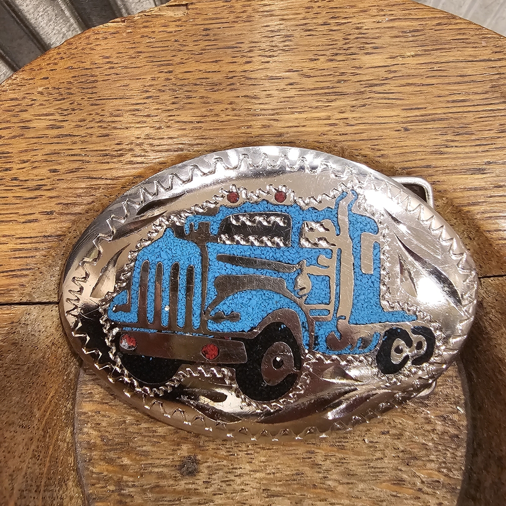 Vtg Silver Inlaid Turquoise Long Nose KW Belt Buckle
